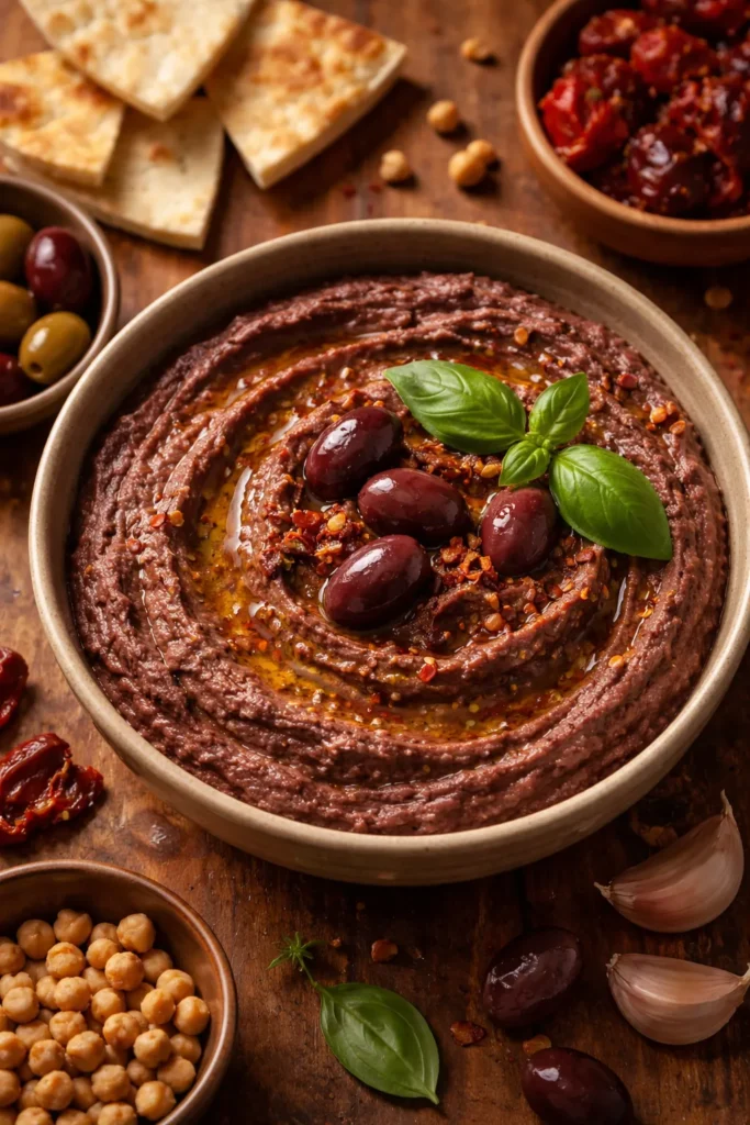 Hummus with olives and sun-dried tomatoes topping