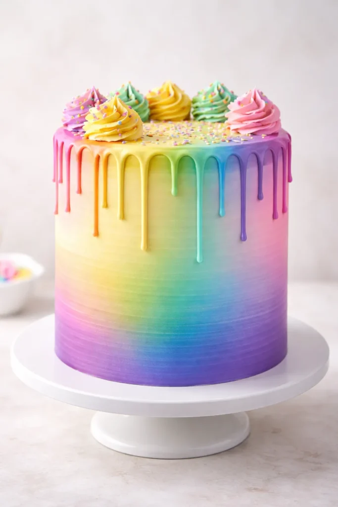 Ombre rainbow cake with matching rainbow drip along the edges