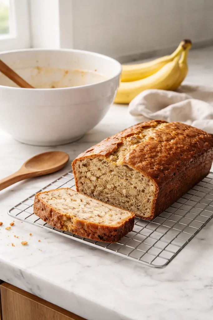 A fresh banana bread loaf next to a single mixing bowl and wooden spoon