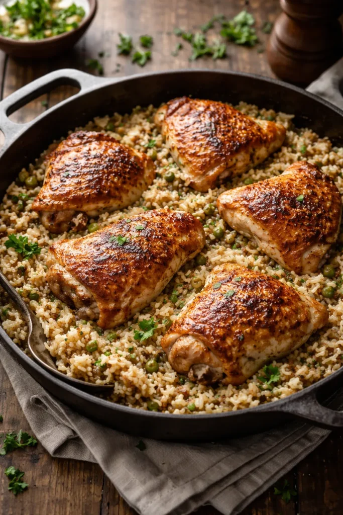 Close-up of crispy-skinned chicken thighs over rice in a skillet