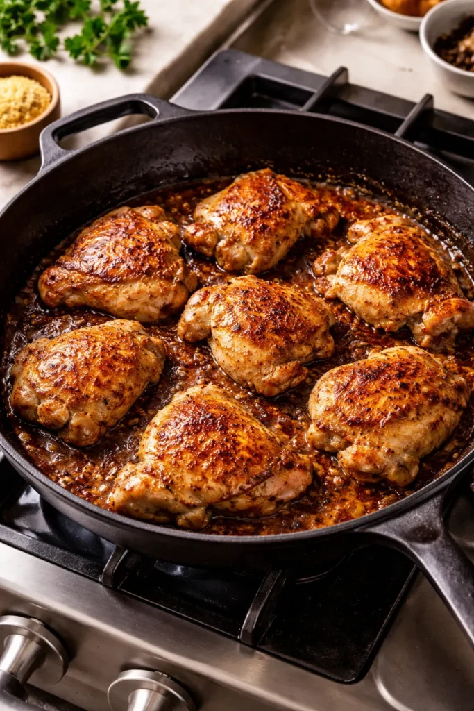 Close-up of browned chicken pieces in a single pan, showcasing fond and seared surfaces