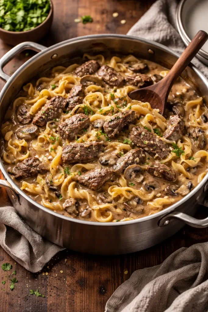Beef stroganoff with mushrooms and noodles in a creamy sauce in a pot