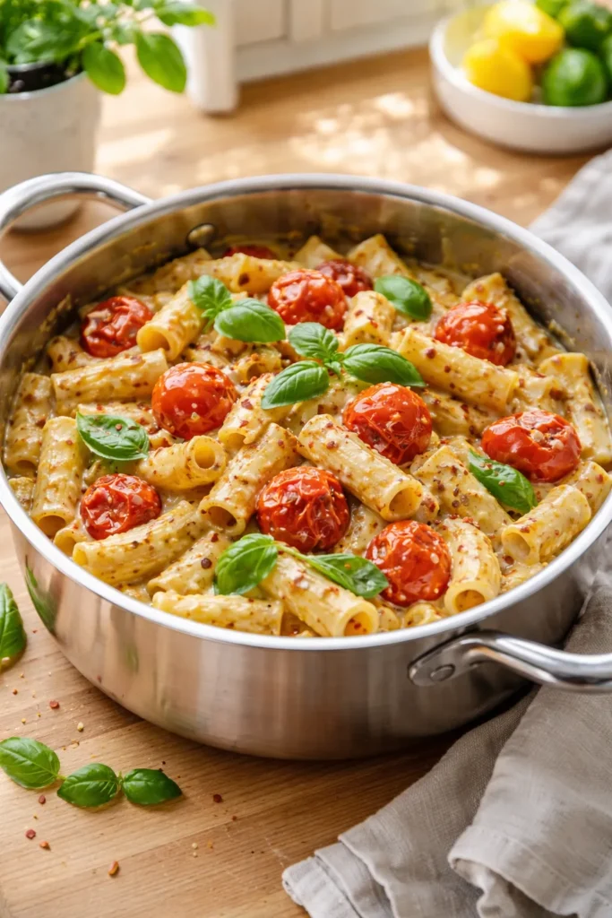 Creamy vegan pasta with bursting cherry tomatoes in a pot