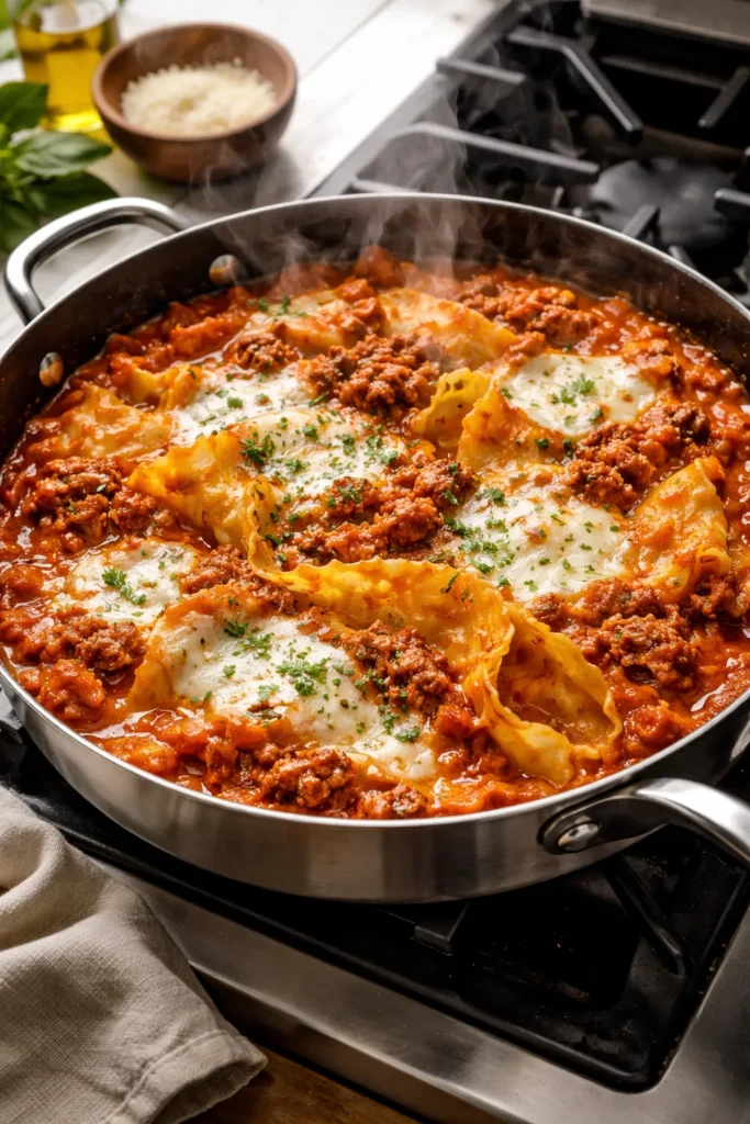 Skillet with lasagna noodles cooking in tomato sauce and cheese
