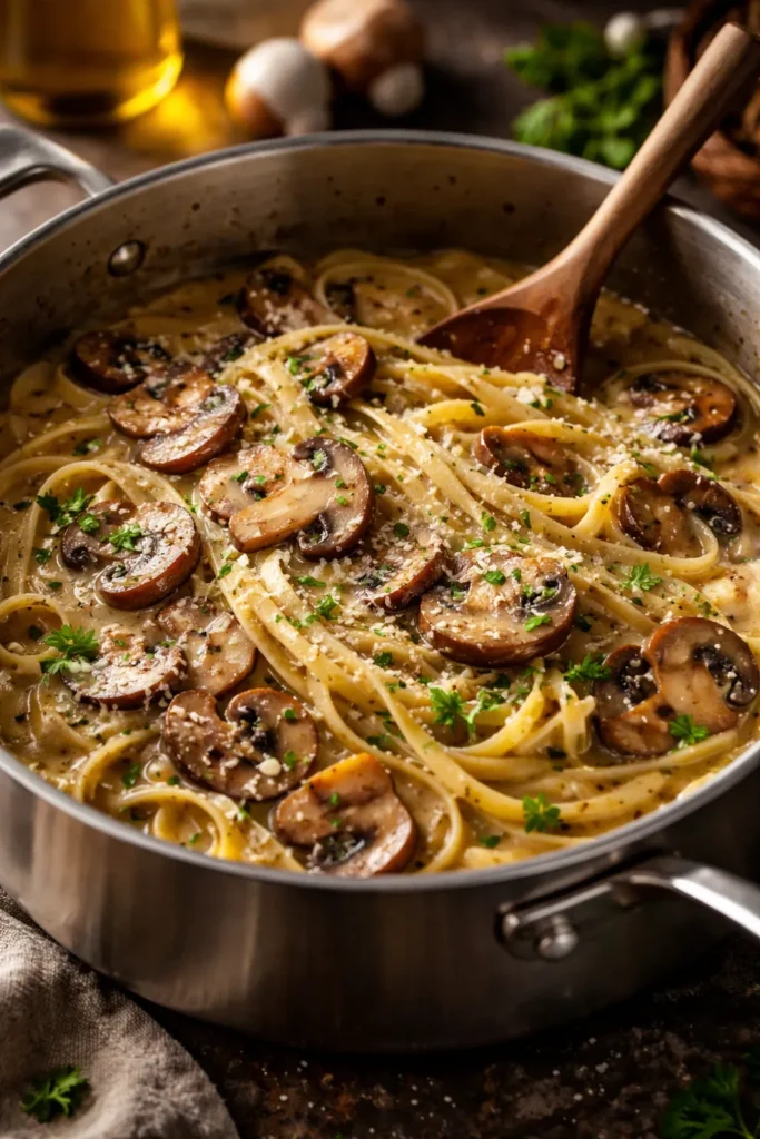 Mushrooms browning in butter with pasta and parmesan in a pot