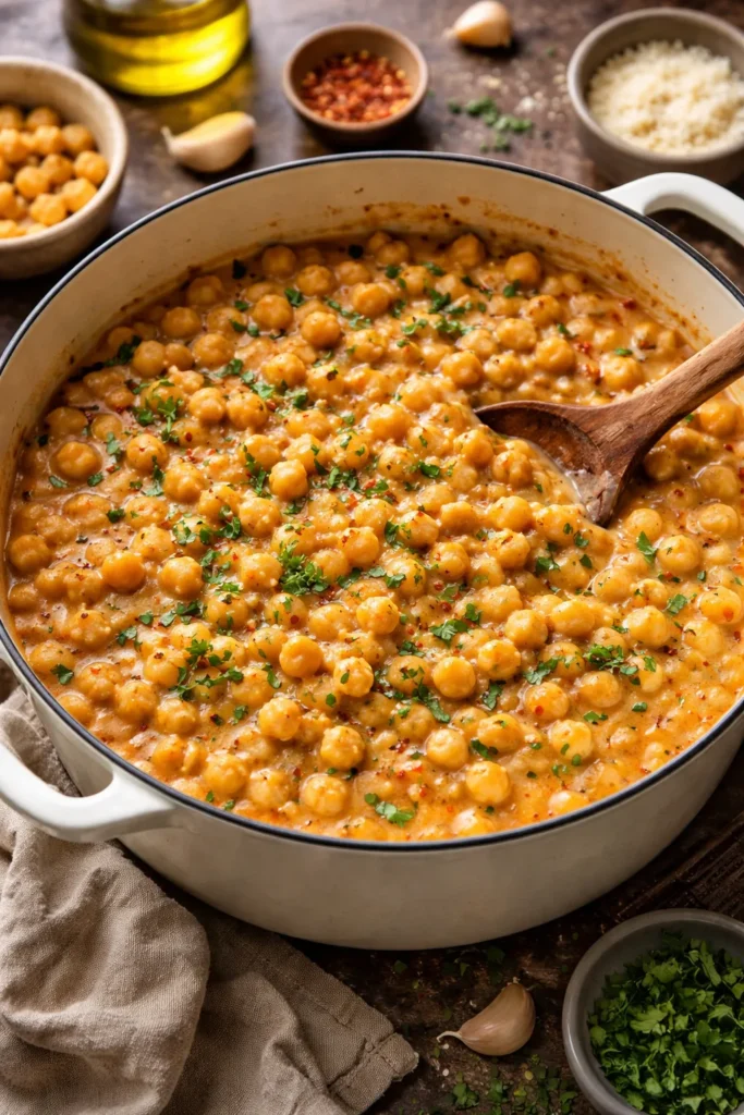 Creamy pasta e ceci with chickpeas in a velvety sauce