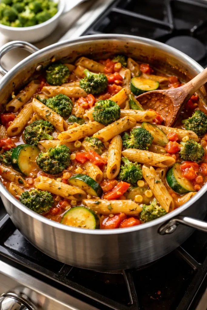 One-pot pasta with mixed vegetables in garlic herb tomato sauce