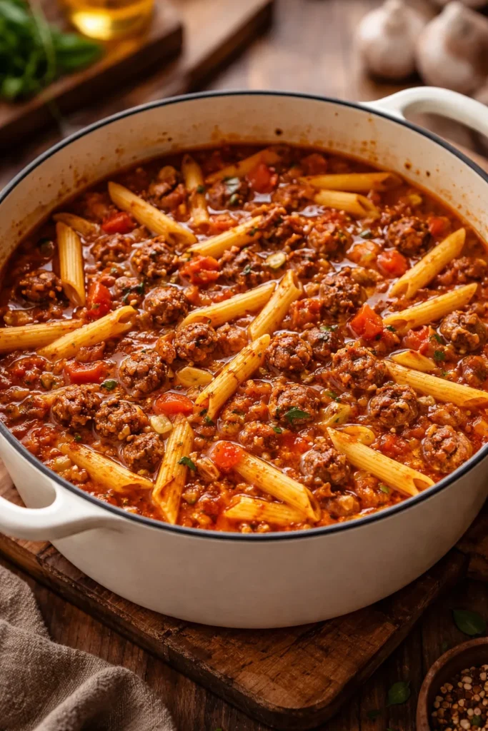 Close-up of browned spicy Italian sausage with tomato sauce and penne in a pot