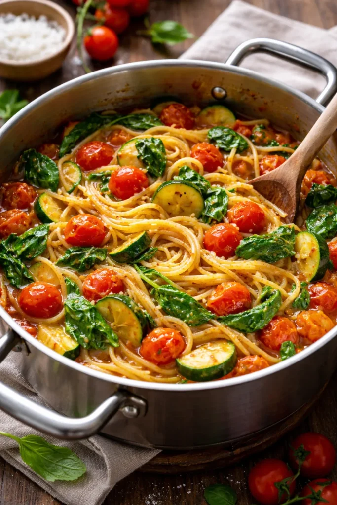Close-up of one-pot vegetable pasta with cherry tomatoes and zucchini in a bubbling sauce