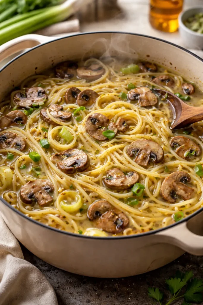 White wine pasta with mushrooms and leeks simmering in a pot