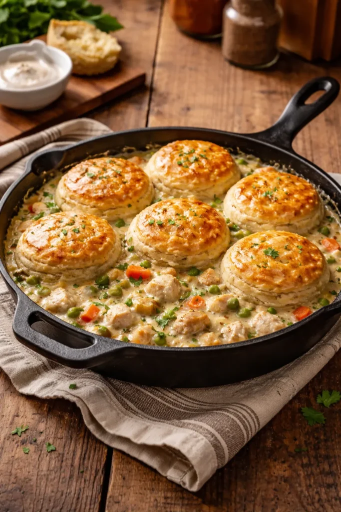 Cast iron skillet with bubbling chicken filling and browned biscuits