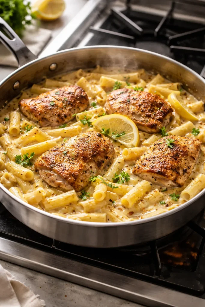Skillet creamy lemon chicken pasta with lemon zest and chicken thighs