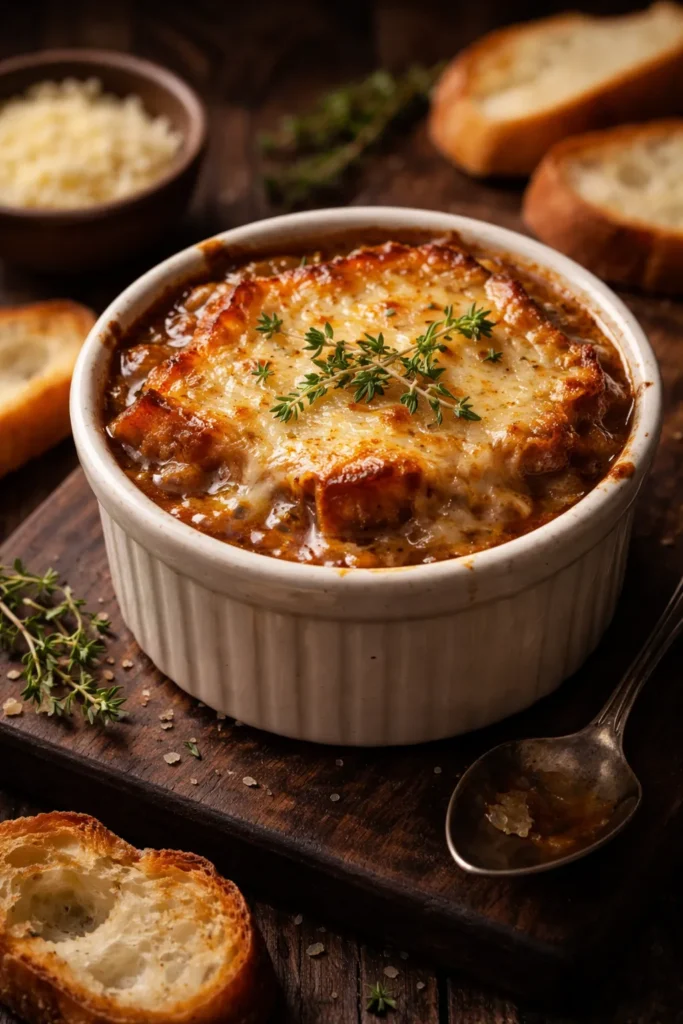 Ramekin of French Onion Soup with melted cheese crust