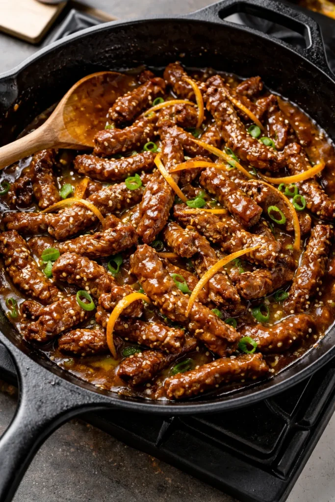 Crispy orange beef stir-fry with glossy sauce in a skillet