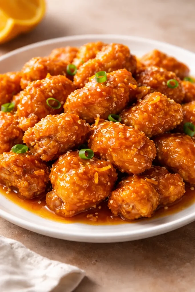 Close-up of orange chicken with glossy orange glaze on a white plate