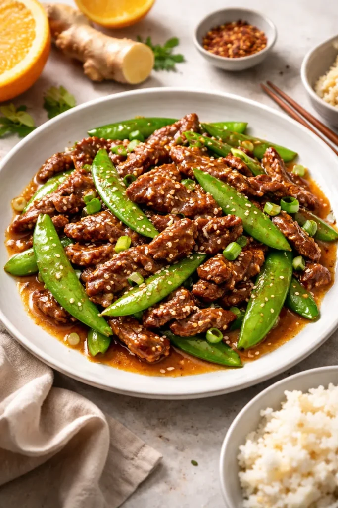 Beef and snow peas in orange-ginger glaze on plate