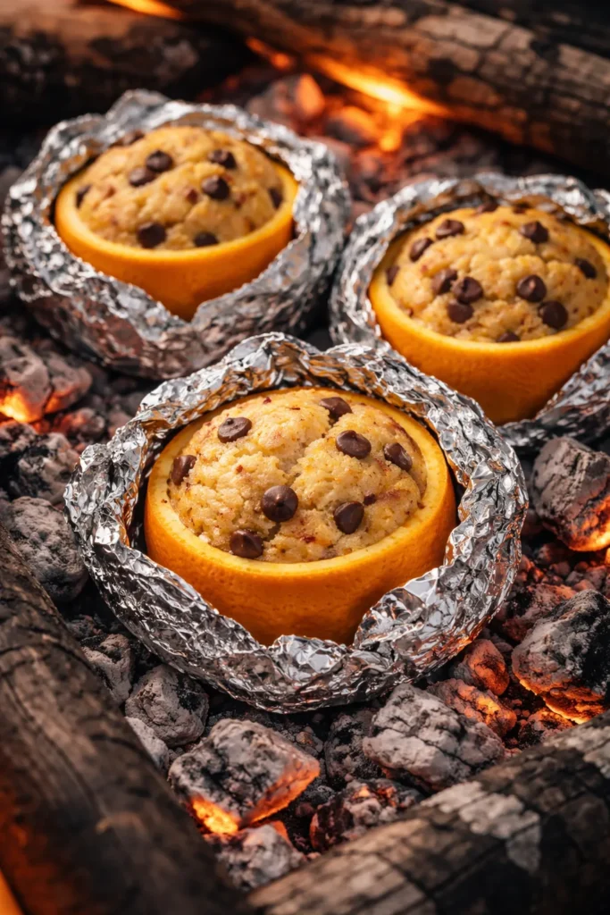 Orange half filled with muffin batter baking in foil over coals