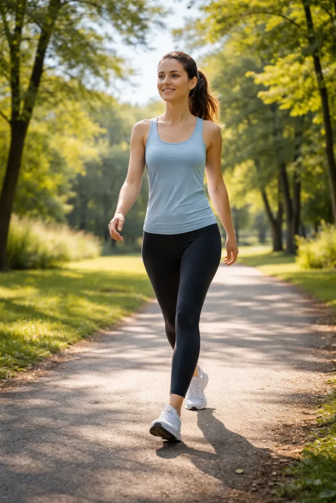 Person walking on a sunlit park path outdoors