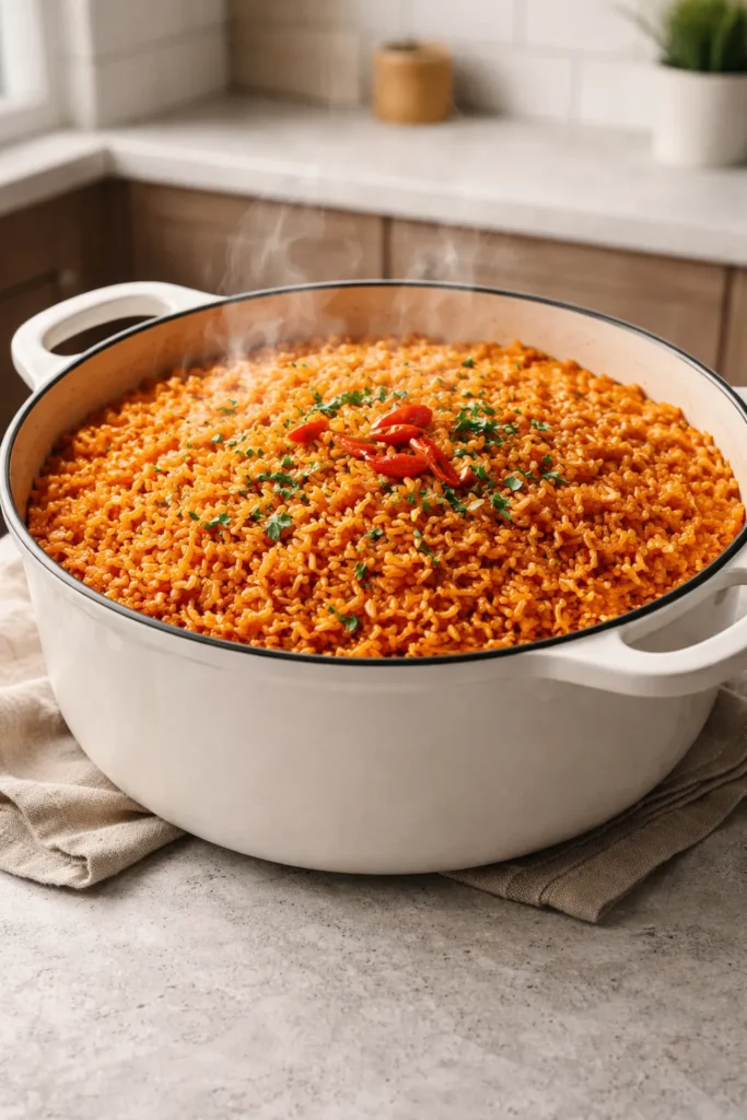 Oven-baked jollof rice in a ceramic dish on a kitchen counter