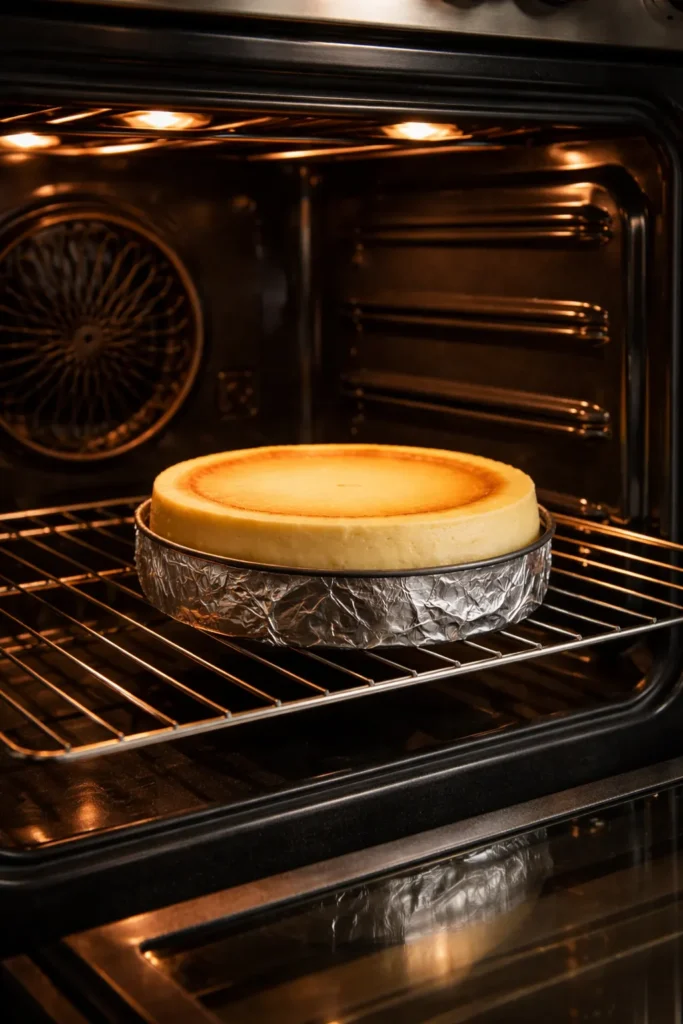 Cheesecake on a lower oven rack inside an open oven