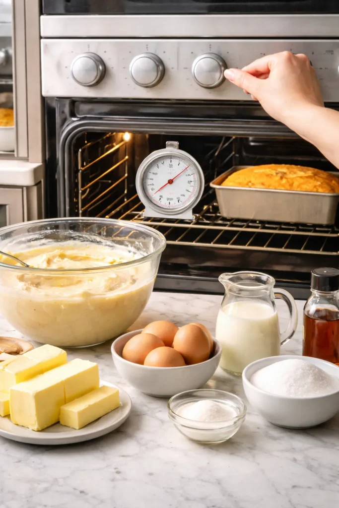 Oven thermometer and mixing bowls on a clean counter illustrating baking tips
