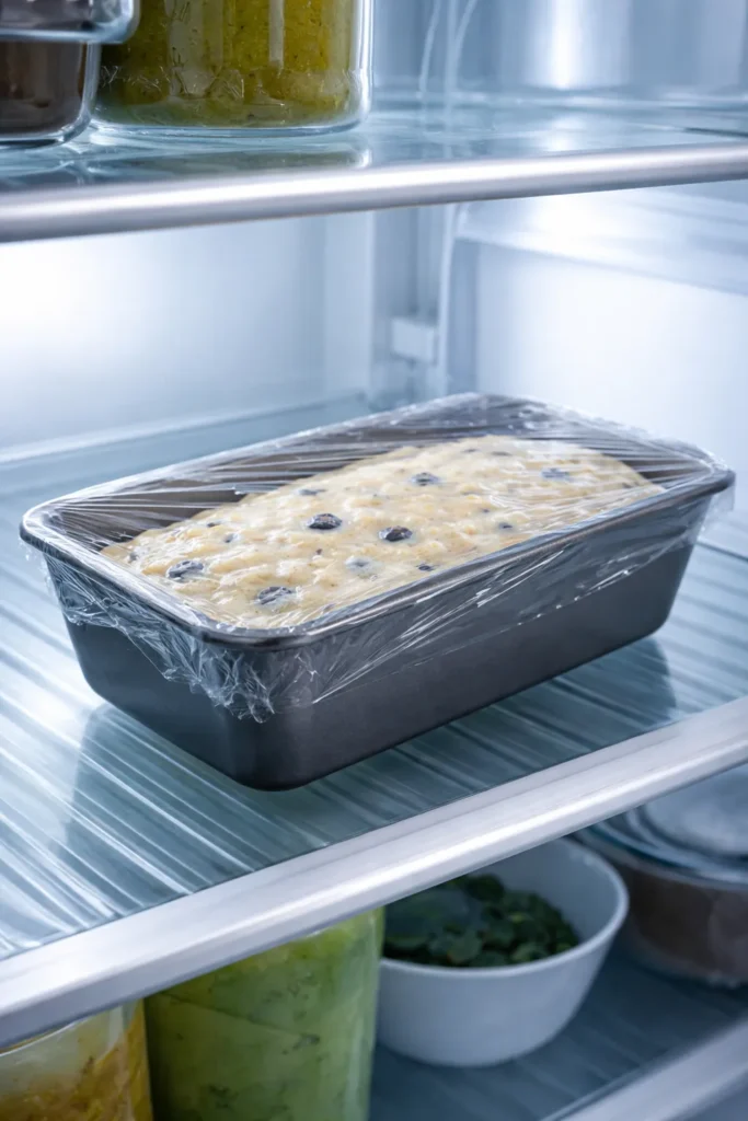 Loaf pan covered and stored in refrigerator