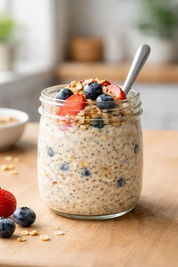 Glass jar of overnight oats on a wooden table with soft morning light
