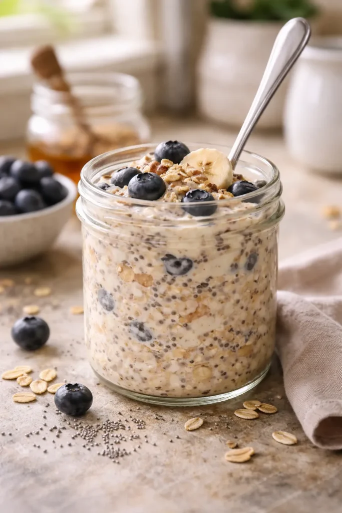Close-up of a glass jar with overnight oats showing oats, yogurt, and chia seeds