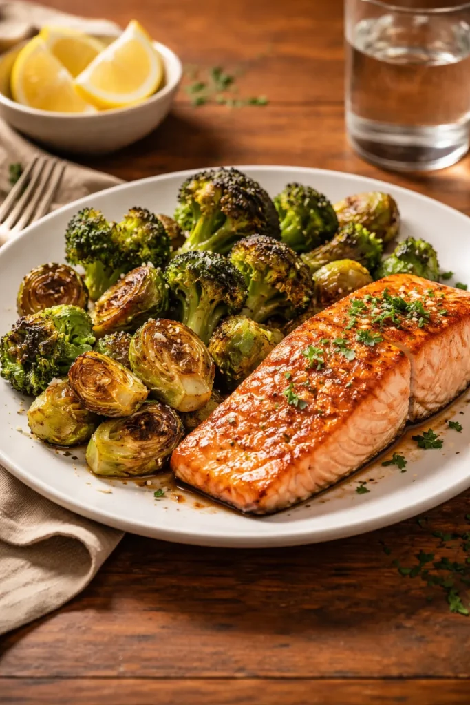 Dinner plate with roasted broccoli and salmon