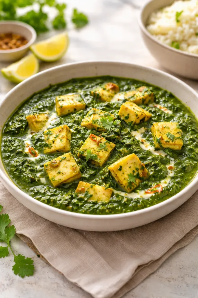 Palak paneer with spinach sauce and paneer cubes