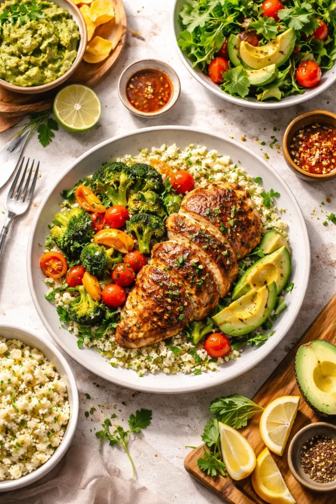 Colorful plated paleo dinner with seared protein and vibrant vegetables