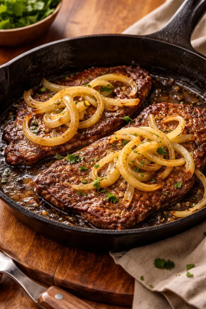 Thin palomilla steak slices with caramelized onion in a pan