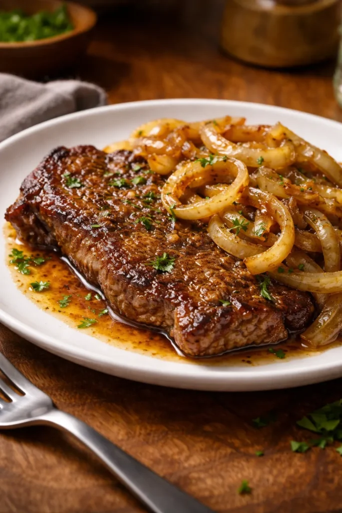 Close-up of Palomilla steak with caramelized onions on plate