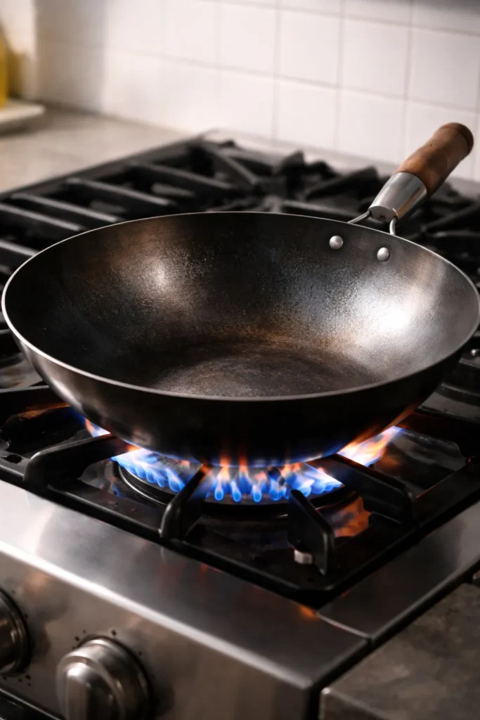 Close-up of a traditional wok on a high-heat burner emphasizing curved walls and searing surface