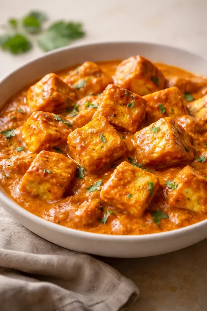 Paneer pieces in rich tomato curry with golden crust