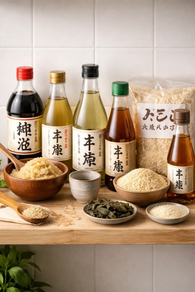 Pantry items neatly arranged for Japanese cooking