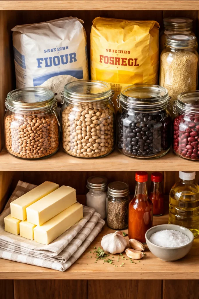 Well-stocked southern pantry shelf with flour cornmeal dried beans and butter