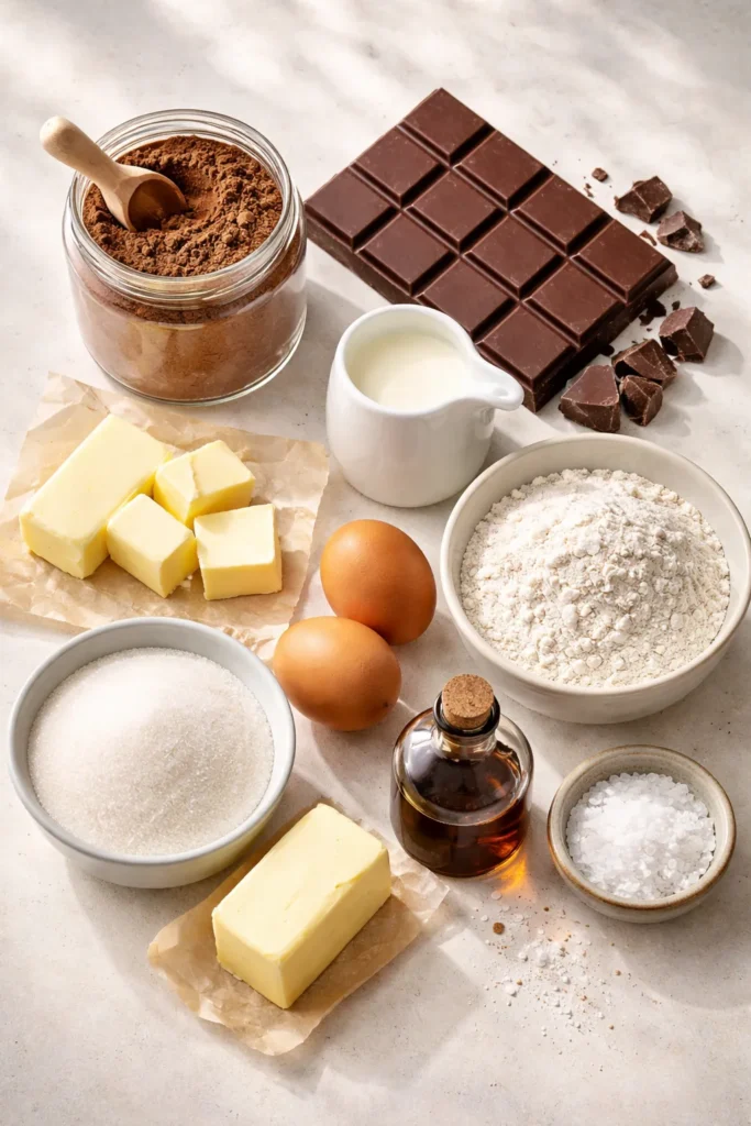Flat lay of pantry staples for chocolate desserts