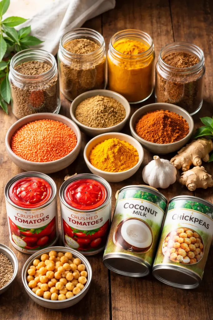 Pantry staples for curries arranged on wood