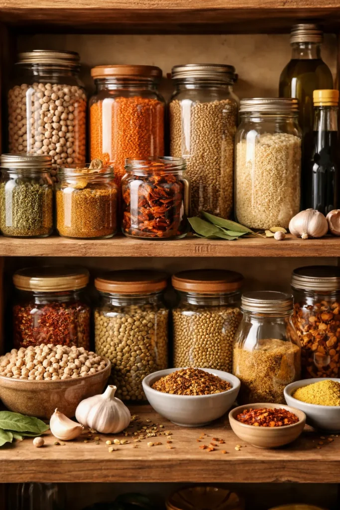 Unlabeled pantry jars with legumes on a wooden shelf