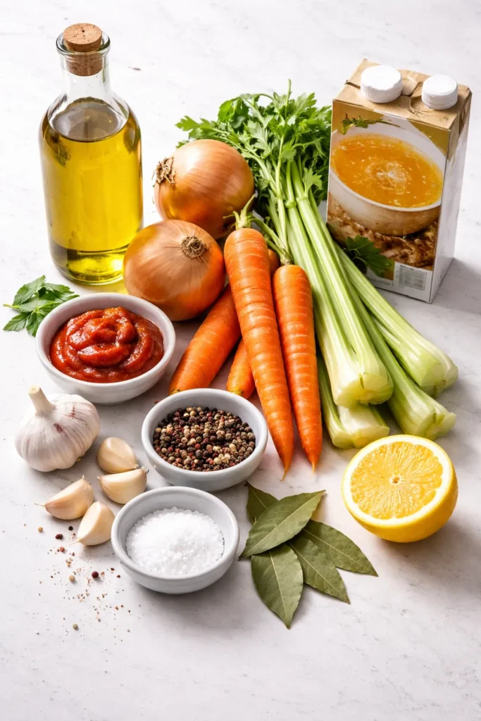 Assorted pantry staples for soup on a clean counter