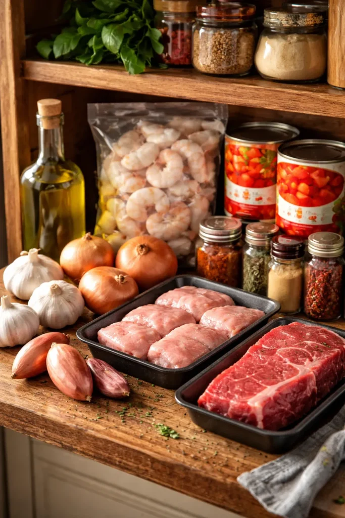 Close-up of pantry staples: olive oil, garlic, onions, canned tomatoes, shrimp, chicken thighs, steak, and spices on a rustic shelf
