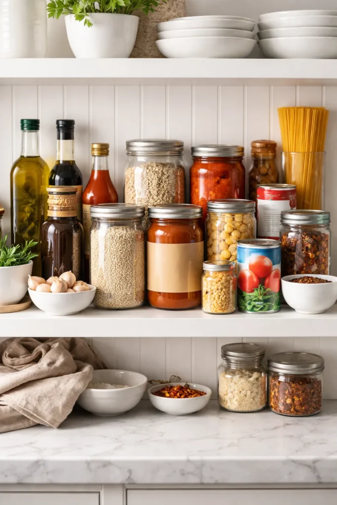 Close-up of organized pantry staples on a shelf