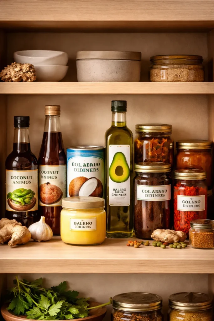 Neatly arranged pantry with paleo staples: coconut aminos, fish sauce, coconut milk, ghee, avocado oil, tamarind, harissa, spices