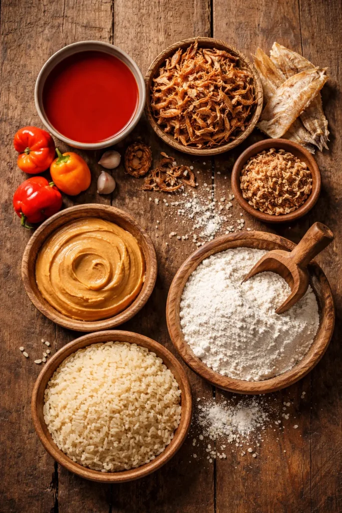 Pantry staples: palm oil, crayfish, peanut paste, fufu flour, rice