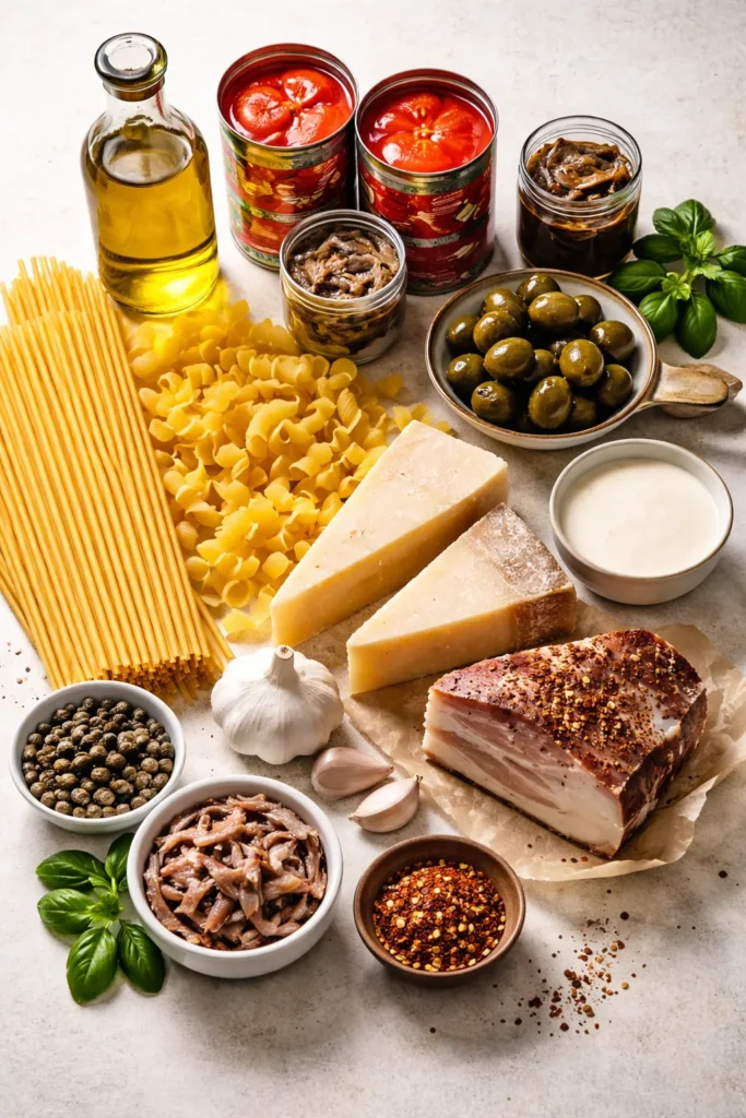 Top-down view of pantry staples for pasta: pasta, oils, tomatoes, cheeses, garlic, anchovies, capers, olives, guanciale, cream, chili flakes