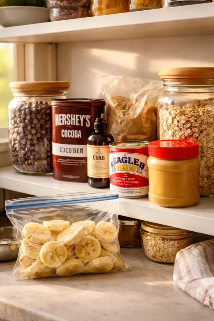 Assorted baking staples on a kitchen shelf: chocolate chips, cocoa powder, vanilla, brown sugar, condensed milk, peanut butter, oats.