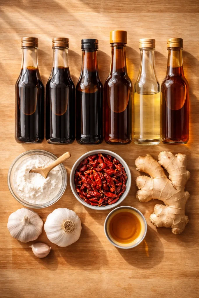 Top-down view of unlabeled pantry staples on a wooden counter