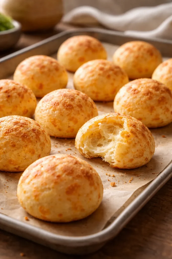 Pão de Queijo cheese bread bites on a baking sheet