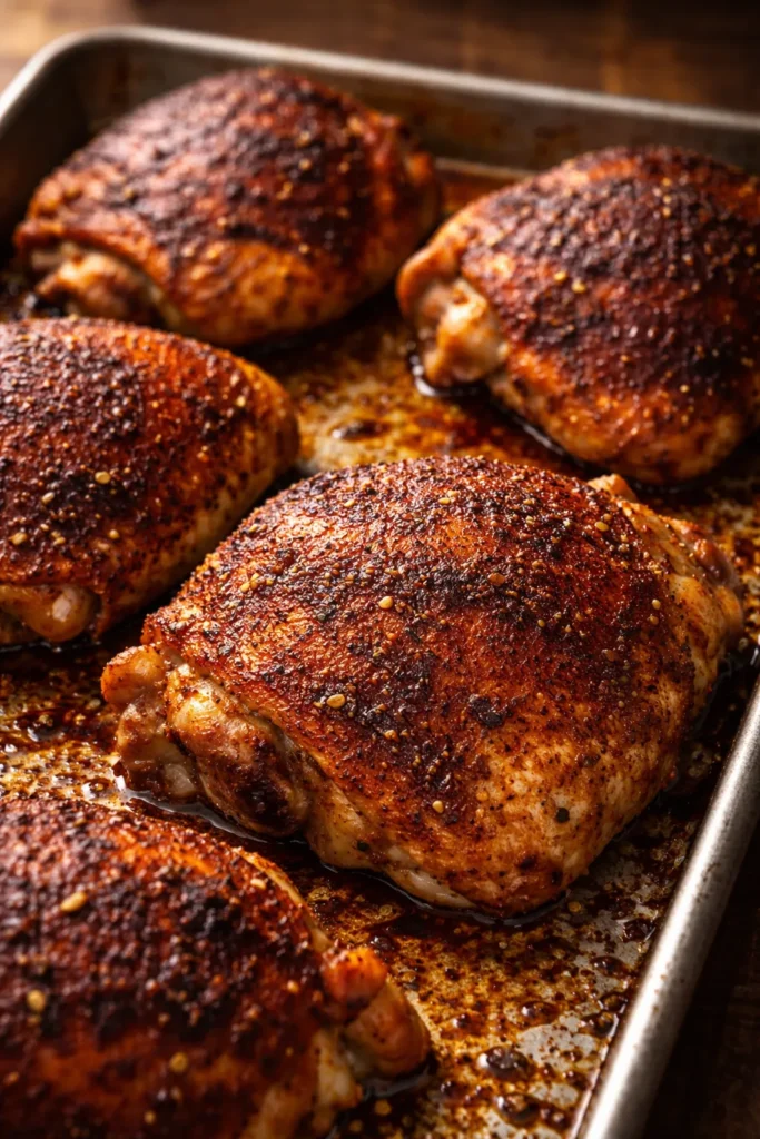 Paprika-spiced chicken thighs with smoky red crust on a baking sheet.